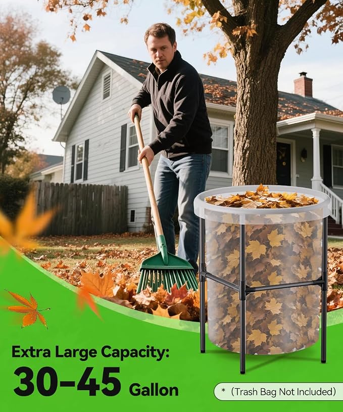 Garden Trash Bag Holder – 30-55 Gallon Outdoor Waste Bag Stand, M | Metal Frame Lawn Leaf Bag Holders with Adjustable Feet, Detachable Legs for Leaves, Yard Waste, Camping