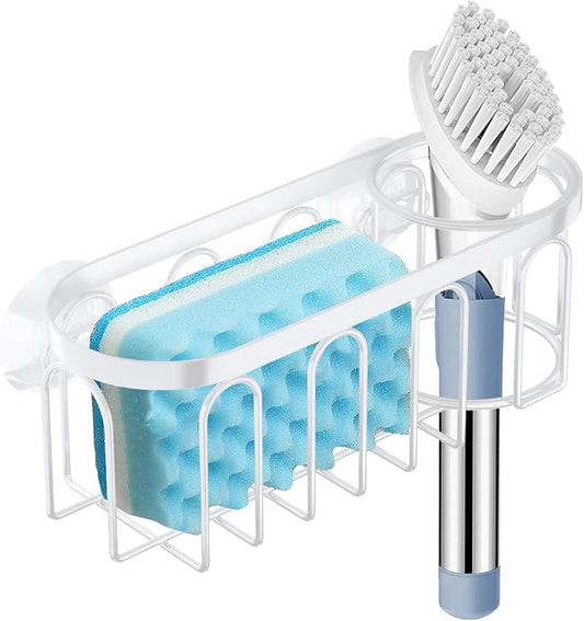 2-in-1 Sponge Holder for Kitchen Sink, Sink Caddy Kitchen Sink Organizer with 3 Suction Cups, No Drill Rustproof Sink Sponge Holder for Dish Brush, Soap & Sponge (White)