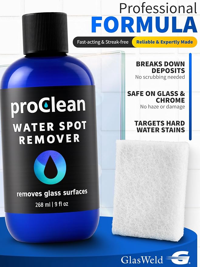 GlasWeld ProClean Hard Water Stain Remover for Glass & Metal – Non-Acid Water Spot Remover with Applicator Pad for Glass, Car Windshield, Shower, Mirror & Boat Windows - Bathroom Cleaning Supplies