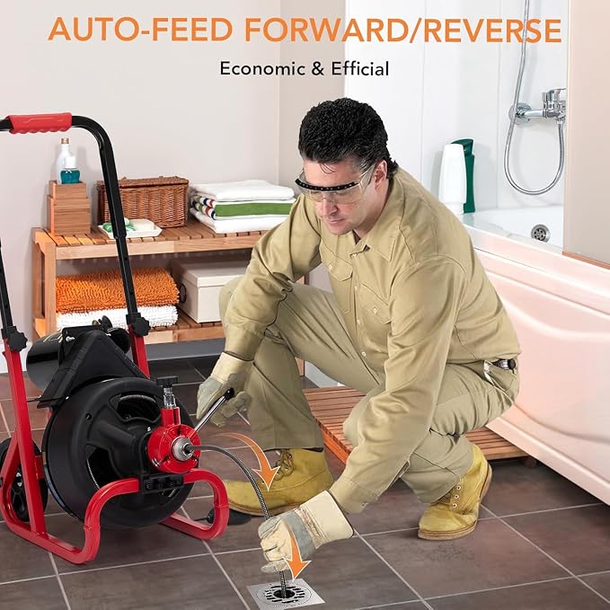 Garvee 100ft 3/8 Inch Drain Cleaner Machine, 370W Portable Drain Cleaning Machine Electric Drain Snake with 8 Cutters Gloves, Electric Drain Clog Remover Plumbing Tool for 2 to 4 in Pipes