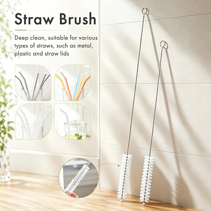 Amazer 4 Pack Dish Brush with Handle, 2 Kitchen Scrub Brushes for Cleaning, 2 Straw Cleaner Brushes for Water Bottle, Dish Scrubber with Stiff Bristles for Sink