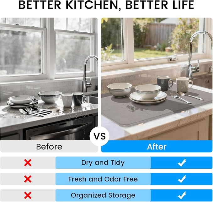 Sapsisel Large Stone Drying Mat for Kitchen Counter, 24" x 16", Quick Dry Absorbent Diatomaceous Stone Mat, Dish Drying Stone for Kitchen Counter
