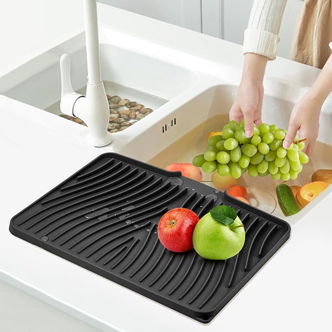 TIKNIK Silicone Dish Drying Mat for Kitchen Counter - Heat Resistant & Non-Slip Dish Drain Pad with Built-In Drain, Dishwasher Safe, Quick-Dry, Hangable & Roll-Up for Storage, Black-1pc, 20" x 15"
