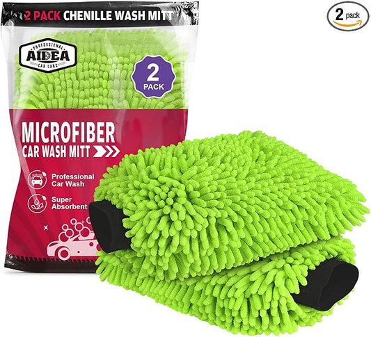 AIDEA Car Wash Mitt Microfiber, 2PK, Car Wash Brush, Green, 8''X12'' | Scratch Free Lint Free, Premium Chenille Microfiber Wash Mitt, Cleaning Supplies, Extra Large Size