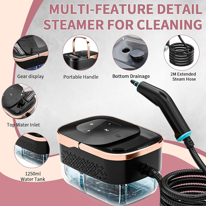 Handheld Steam Cleaner, 4 Bar Pressurized steam cleaner with 11 Accessories,15s Fast Heat-Up & 6-Level Adjustable,1500W Steamer for Cleaning Grout,Grease,Tile, Couch, Car Detailing, Windows & Floors