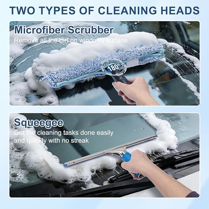 Professional Window Cleaning Kit, 14" Squeegee with 15" Scrubber | 14" Squeegee with 15" Microfiber Scrubber, Window Cleaning Tool for Home, Window Washing Equipment Commercial & Household Use