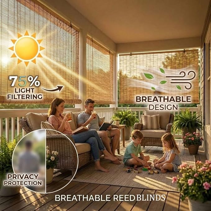 Bamboo Shades for Outdoor Patio Privacy 48" 52" 58" 68" 72" 74" 76" 78" W Light Filtering Bamboo Blinds Outdoor Roll up Shades for Porch Cordless Natural Blackout Bamboo Roller Blinds(42" W x 64" H)