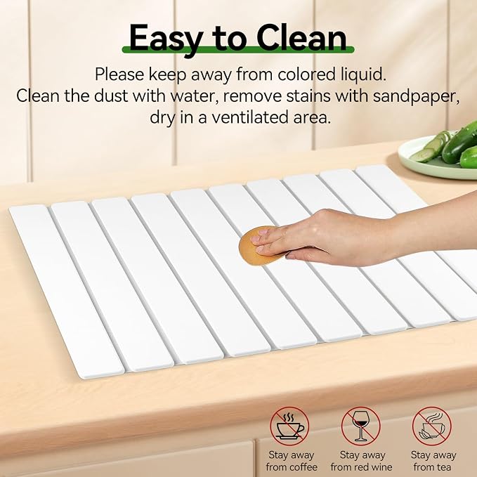 Large Stone Drying Mat for Kitchen Counter, 24"x16" Collapsible Diatomaceous Earth Drying Mat, Instant Absorbent Dish Drying Pad, Stone Drying Rack Space Saver Drying Board for Kitchen Sink, White