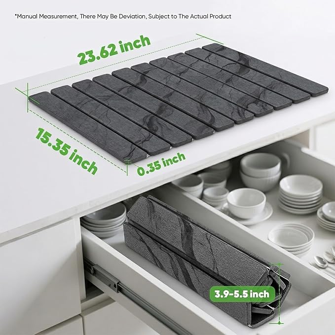 Stone Drying Mat for Kitchen Counter, Quick Diatomaceous Earth Mats for Dishes, 24"L x 16" W Super Absorbent Fast-Drying Collapsible Countertop Stone Mat (Marble Grey-04, 24" x 16")