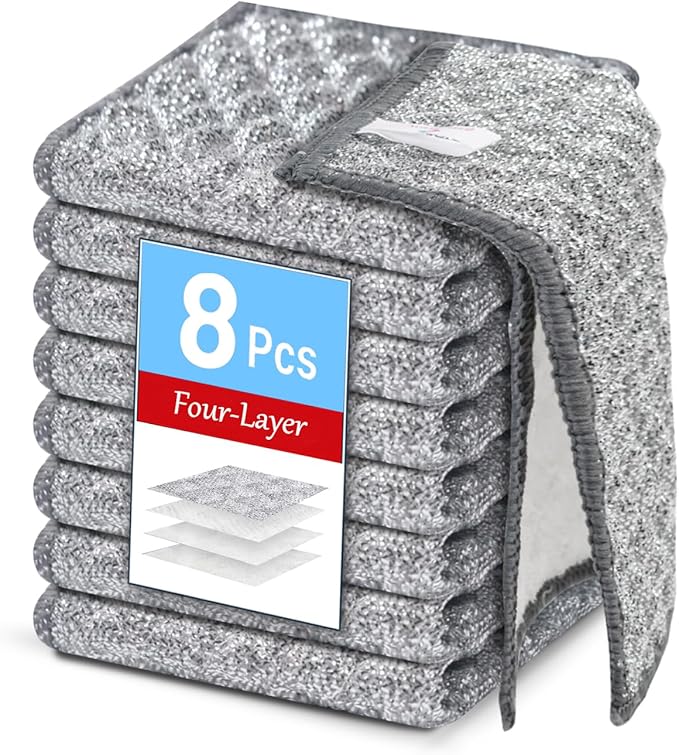 Wangjinpeng 8 Pcs New Upgrade 4-Layer Metal Dish Cloths, Non-Scratch Odor-Free Multipurpose Wire Dishwashing Rags for Wet Dry Use, Kitchen Cleaning Cloths for Dishes, Sinks & Stove Tops(7.87X7.87)