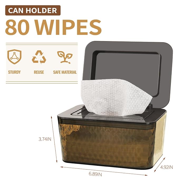 Wipes Dispenser, One-Handed Operation Wipe Holder for Baby & Adult, Seal-Designed Wipes Container for Bathroom Keep Diaper Wipes Fresh (Brown)