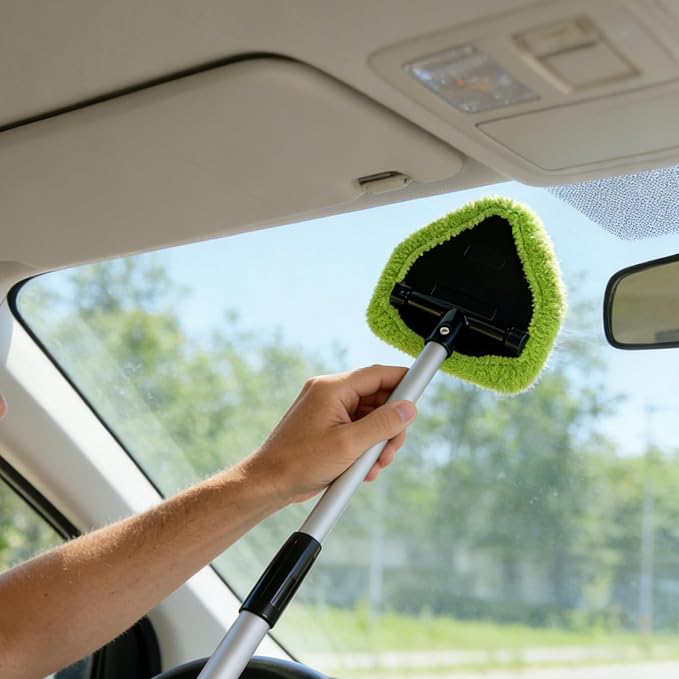 Microfiber Car Windshield Cleaning Tool with Extendable Handle,Car Defogging Glass Cleaning Brush with 4 Reusable Microfiber Pads 1 Spray Bottle and 1 Car Dust Removal Brush. (Green)