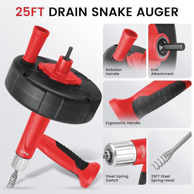 XJX Drain Auger, Plumbing Snake with Drill Adapter, 25FT Flexible Steel Drain Clog Remover, Manual or Powered for Kitchen, Bathroom & Shower Sink, with Gloves and Storage Bag Red