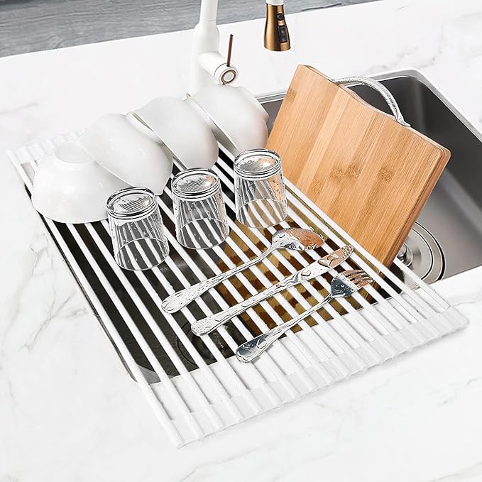 MERRYBOX Roll Up Dish Drying Rack Silicone Wrapped Over The Sink Dish Rack Foldable Dish Drainer Anti-Slip Dish Racks for Kitchen Counter, Multipurpose Kitchen Sink Drying Rack, 20.5" x 13", White