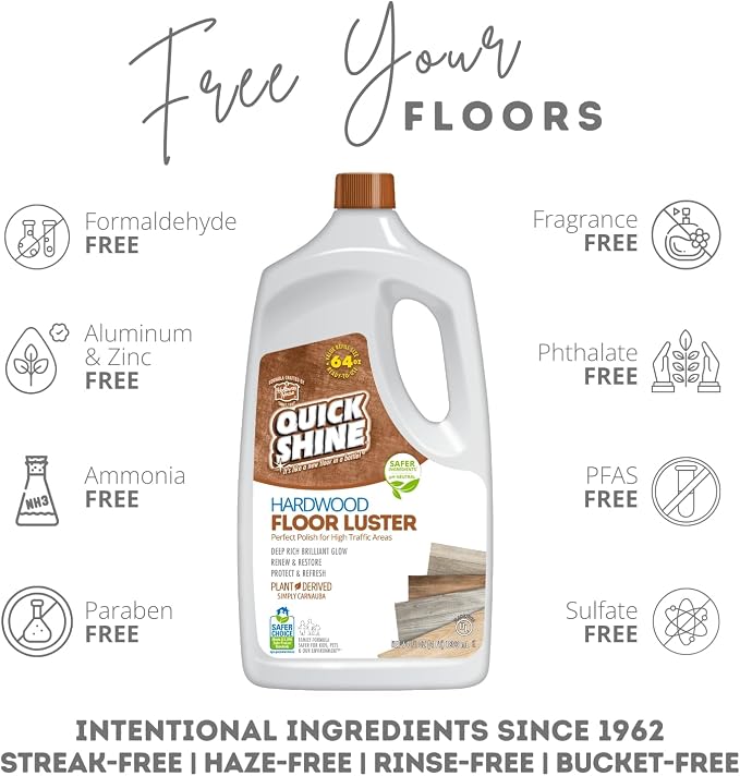 Quick Shine Hardwood Floor Luster 64 oz-4 Pk, Natural Looking Shine | Plant Derived Carnauba Polish, Renew & Protect, Streak & Haze Free, Non-slip, pH Neutral, No PFAS, EPA Safer Choice