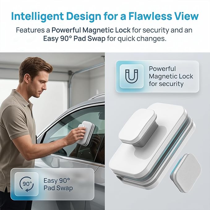 Car Magnetic Windshield Cleaner Tool, Double-Sided Vehicle Window Outside Glass Cleaning Tool with Anti-Falling Rope, Magnet Auto Windshield Wiper for Glass 3-10mm, Universal Fit
