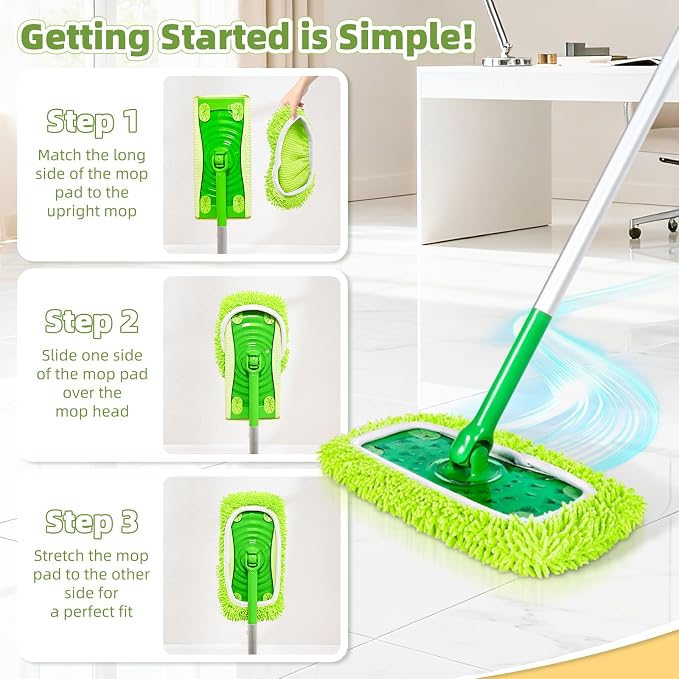 Reusable Microfiber Pads Compatible with Sweeper Mop, Washable Wet Pads Refill & Highly Absorbent Dry Sweeping Cloths - Chenille Mopping Pad for All Sealed Floors Cleaning (Mop is not Included)
