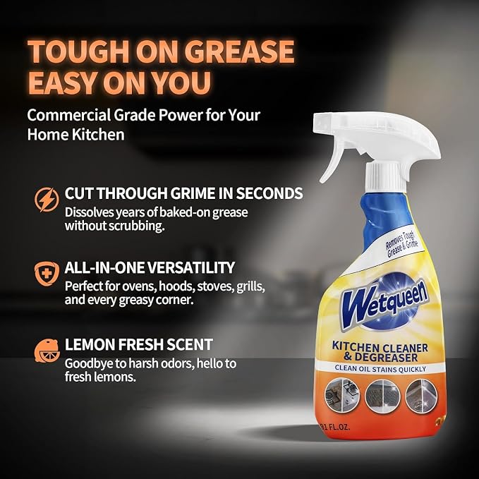 WETQUEEN All Purpose Cleaner Spray, Heavy Duty Kitchen Degreaser Foam & Stubborn Stain Remover for Kitchen, Household, Oven, Stove, Range Hood, Tiles, Dual-Spray Nozzle, Lemon Scent, 16.91 Fl Oz