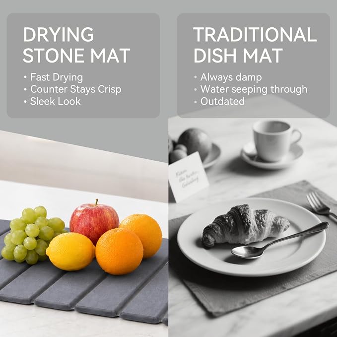 Stone Drying Mat for Kitchen Counter, 24"(L)×16"(W), Drying Matt Kitchen Counter, Quick Dry Stone Dishes Mats, Foldable Diatomaceous Earth Mat (Pure Gray)