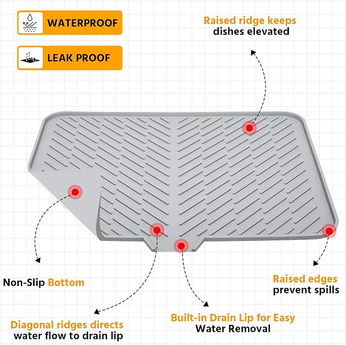 Luxet Silicone Dish Drying Mat with Built-in Drain Lip - Hygienic Drying Pad - Sturdy Compact Easy to Clean Tray Protects Surfaces Prevents Water Build Up - 23 X 17 (Grey)