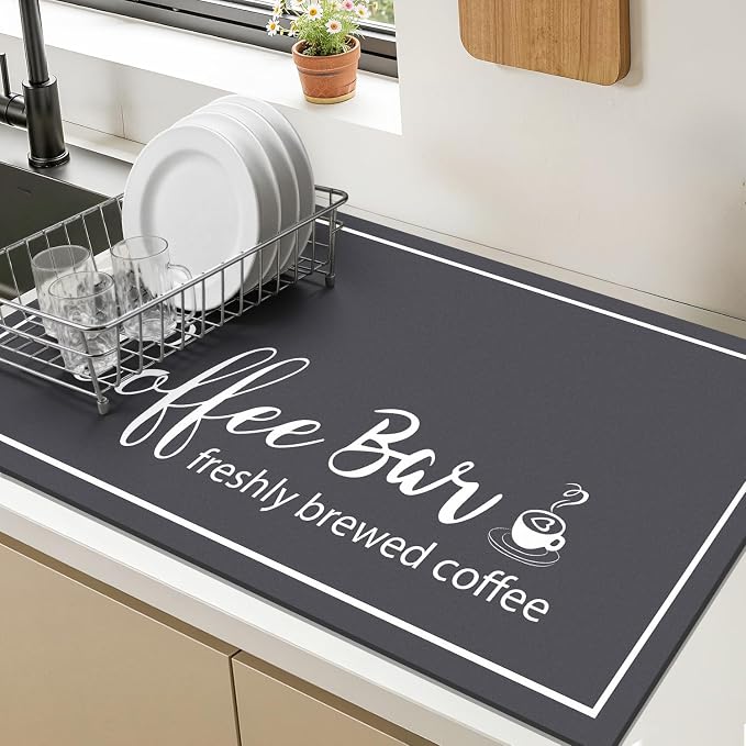 Findosom Dish Drying Mat, 18" x 24" Super Absorbent & Hide Stain Coffee Mat, Cuttable Drying Mat for Kitchen Counter, Coffee Bar Accessories, Under Dish Rack, Coffee Maker, Espresso Machine, DarkGrey