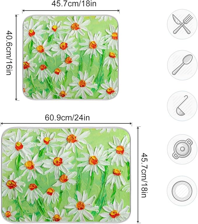 Absorbent Dish Drying Mat for Kitchen Counter - Green Sunflowers Oil Painting Microfiber Drying Pad, Reversible Drainer Mats for Countertop, Small 16 x 18 inch