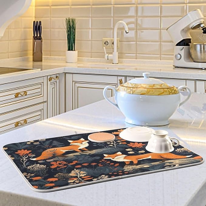 Dish Drying Mat Kitchen Counter Absorbent Two Foxes Coffee Sink Mat Dish Drainer Pad 18 Inch x 24 Inch
