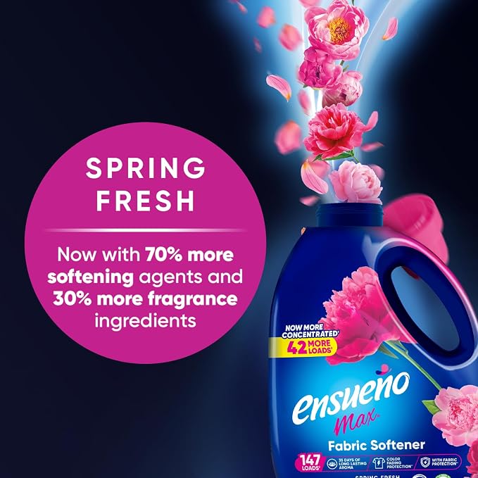 Ensueño Max Liquid Fabric Softener - Spring Fresh Scent - 125 fl oz | Color-Safe Fabric Softener Liquid - Softens 147 Loads - Reduces Wrinkles & Static