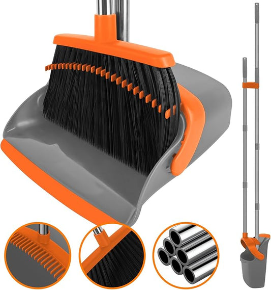 Broom and Dustpan Combo Set, 55" Long Handle Broom Orange | Large Area Outdoor Cleaning, Extended Reach Design, Built-in Comb Dustpan, Foldable Storage for Garage, Patio & Home