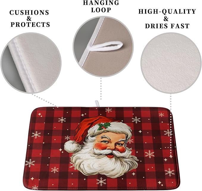 Santa Claus Christmas Dish Drying Mat Xmas Red and Black Buffalo Plaid Snowflake Drying Mats Winter Holiday Dishes Drying Pad Microfiber Absorbent Dish Drainer Rack Mat 16x18 Inch