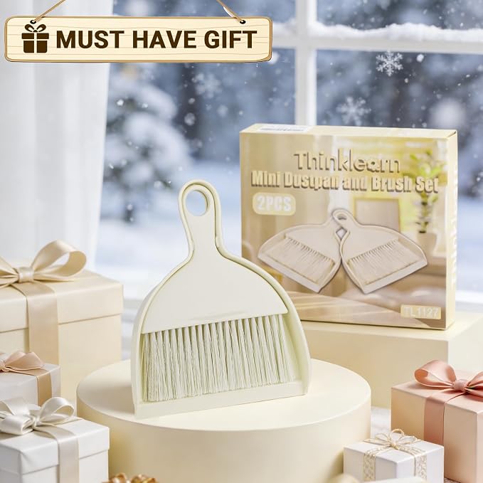 THINKLEARN 2PCS Small Dust Pan and Brush Set, Mini Broom Dustpan Kit | Portable Brush Dustpan Combo Set, Beige Cleaning Supplies