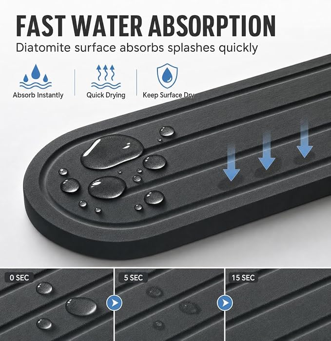 Razborci 2PCS Water Absorbing Stone Drying Tray Mat for Bathroom Sink & Kitchen Counter Faucet Organizer Decor, Quick Dry Dish Soap Dispenser Sponge Holder, Vanity Caddy Coaster,Dark Gray -10"*3.8"