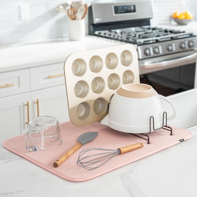 S&T INC. Dish Drying Mat, 18" x 24", XL, Diamond Texture, Rose Pink | Absorbent Microfiber, Extra Large Kitchen Counter Mat for Dishes, Utensils, Pots and Pans, Machine Washable
