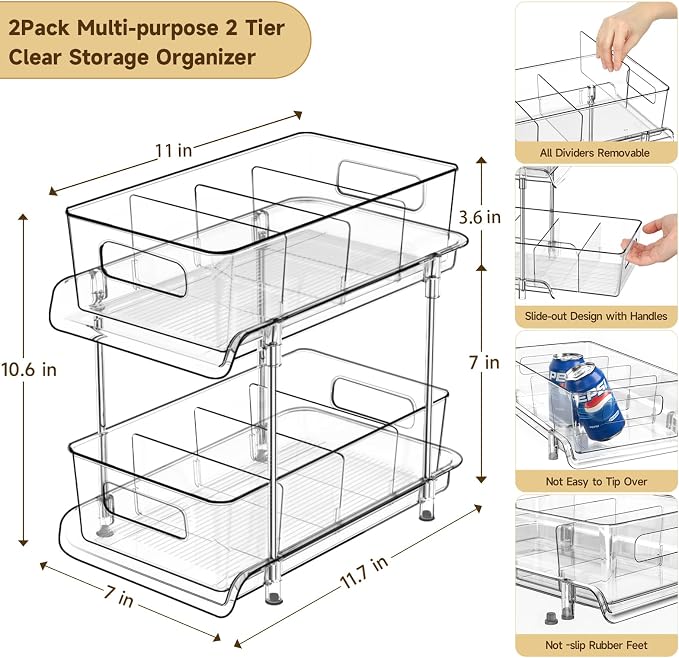 HIHEGD 2-Tier Bathroom Organizer with Dividers, Clear Under Sink and Pull-Out Cabinet Organizer for Kitchen and Pantry Storage