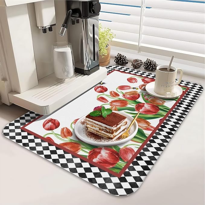 Dish Drying Mat 2-Pack, Tulip For Kitchen Counter Absorbent Dishes | Diatom Mud Mats (18x24, 19.5x12"). Non-slip rubber back for kitchen counter, coffee bar & sink scenes