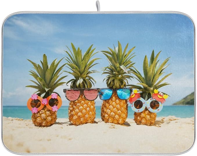 Absorbent Dish Drying Mat for Kitchen Counter - Pineapple Beach Microfiber Drying Pad, Reversible Drainer Mats for Countertop, Small 16 x 18 inch