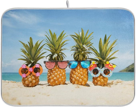 Absorbent Dish Drying Mat for Kitchen Counter - Pineapple Beach Microfiber Drying Pad, Reversible Drainer Mats for Countertop, Small 16 x 18 inch