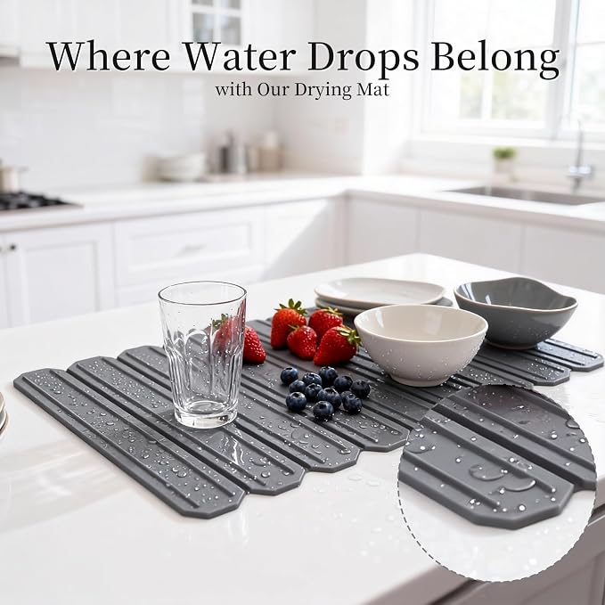 Silicone Dish Drying Mat for Kitchen Countertop - Waycco Large Customizable (Foldable & Trimmable) 23.6"x15.8" Heat Resistant Non-Slip Sink Mat for Dishes Cups & Fruits, Dishwasher Safe, Dark Grey