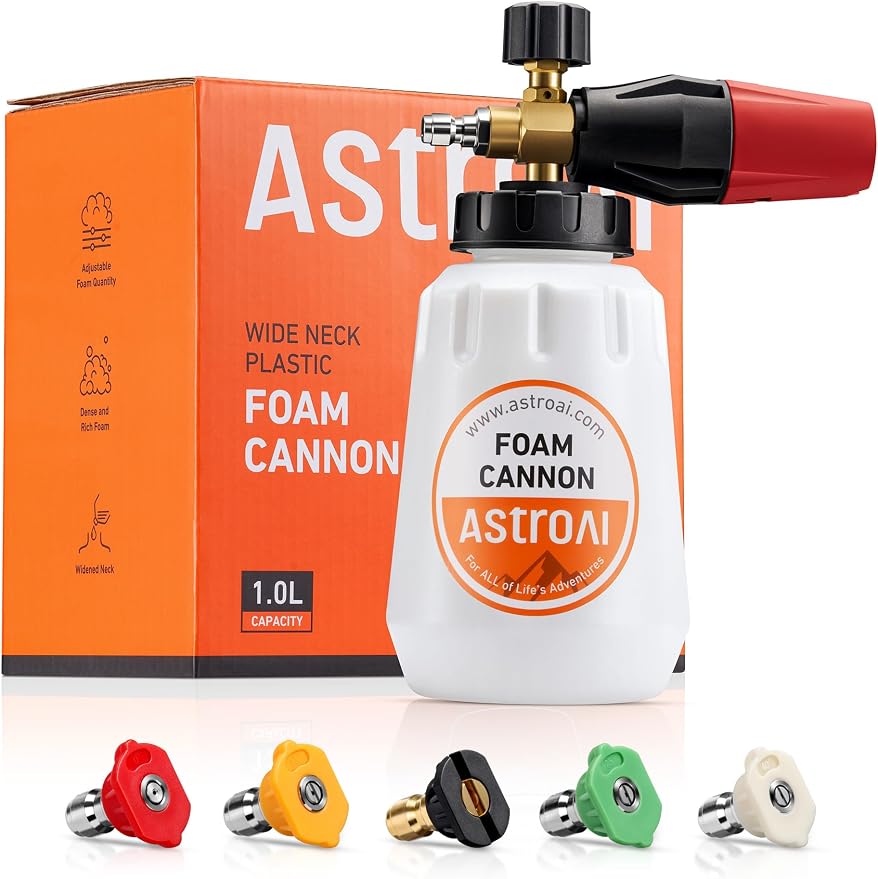 AstroAI Foam Cannon for Pressure Washer with 1/4" Quick Connect, 1L &5 Tips | Thick Foam, Car Wash, Heavy Duty Foam Sprayer Attachments, Wide Neck, Adjustable, 1/4" Quick Connector, 1L & 5 Nozzle Tips