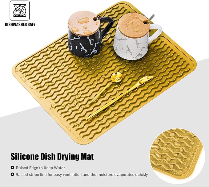 Large 24" x 18" Silicone Dish Drying Mat for Kitchen Counter, Easy clean, Quick Dry, Heat-resistant Dish Drainer Mat for Sink,Refrigerator or Drawer liner (Food Grade Silicone-Yellow)