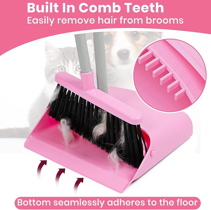REEWII Pink Broom and Dustpan Set,58” Long Adjustable Handle Small Broom with Stand up Dustpan Combo Set with Dust Pan Teeth,for Indoor Home Office Floor Cleaning