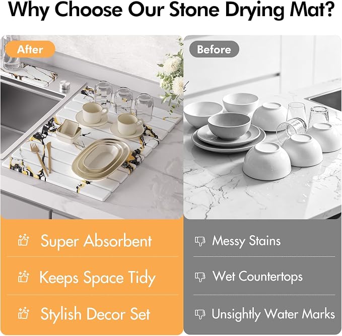 4 Pcs Stone Dish Drying Mat for Kitchen Counter, 24''x16'' Super Absorbent Diatomaceous Earth Stone Drying Mat Faucet Mat with 2 Coasters, Quick Dry Mat for Kitchen Counter Dishes Cups
