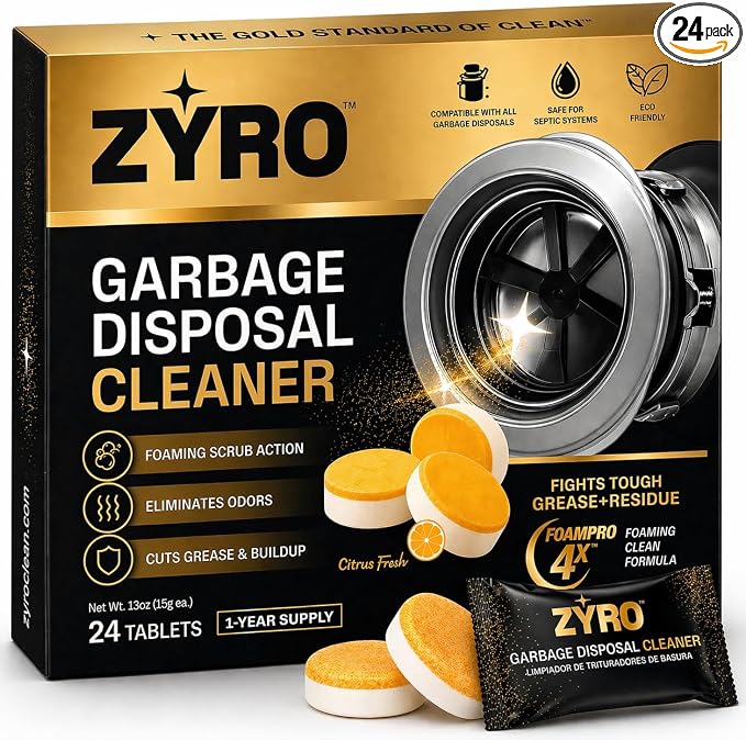 Zyro Garbage Disposal Cleaner Tablets – 24 Pack | Kitchen Sink Drain Cleaner & Deodorizer | Eliminates Odors | Fights Grease & Food Buildup | Foaming Citrus Fresh | 1 Year Supply
