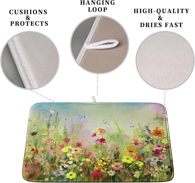 Spring Floral Dish Drying Mat for Kitchen Counter 18x24 Inch Sage Green Wild Flowers Drying Mats Spring Summer Plant Microfiber Absorbent Large Dish Rack Pad for Coffee Bar Sinks Home Accessories