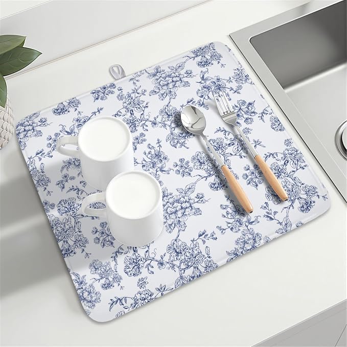 Blue Floral Dish Drying Mat for Kitchen Counter Chinoiserie Flower Microfiber Dish Drainer Mat Vintage Rustic Elegant Absorbent Washable Drying Pad Extra Large 16"x18"