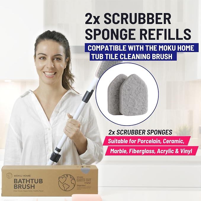 Scrubber Sponge Refill for 3 in 1 Moku Home Shower Scrubber, 2-Pack (Gray) | Non-Scratch Pads for Tub, Tile, Sink, Shower, Kitchen, Wall & Floor; for Moku Home Extendable Long-Handle Bathroom Brush