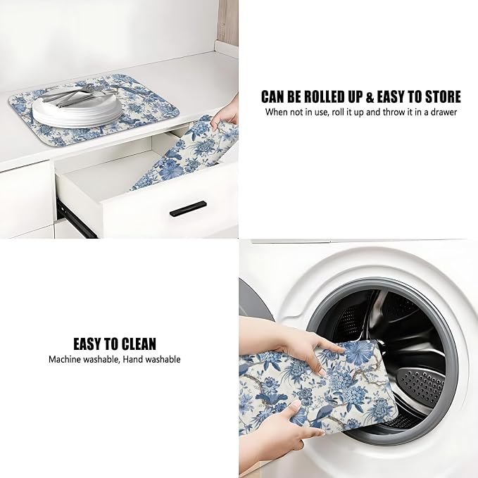 Dish Drying Mat 2-Pack, Chinoiserie For Kitchen Counter Absorbent Dishes | Diatom Mud Mats (18x24, 19.5x12"). Non-slip rubber back for kitchen counter, coffee bar & sink scenes