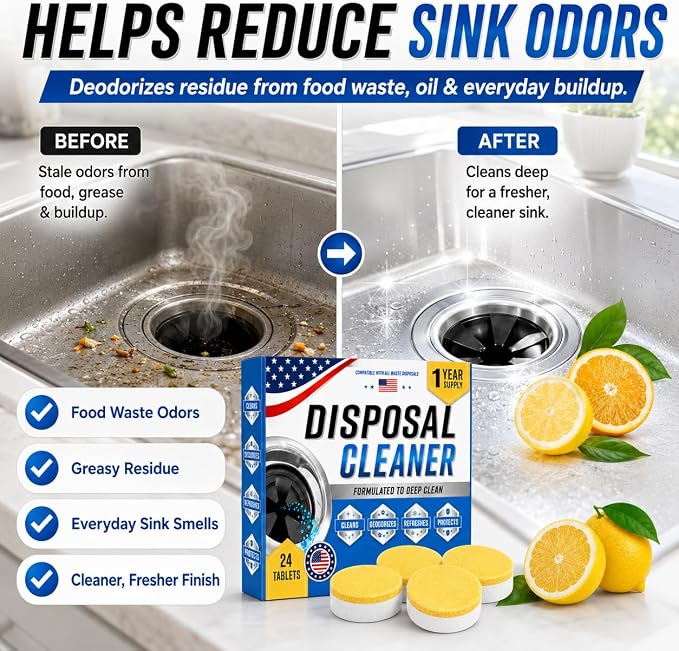 Garbage Disposal Cleaner Deodorizer Tablets, XL Citrus Foaming Tablet for Kitchen Sink Residues Freshener, Drain Cleaner & Odor Eliminator, Septic Safe Kitchen Disposal Care, 24 Pack for 1 Year Supply