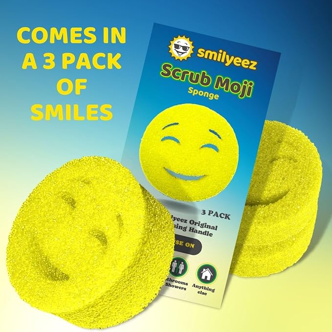 The Original Scrub Moji Scrubbing Sponge by Smilyeez (Set of 3) - Yellow - Temperature-Responsive Polymer Foam, Stain and Odor Resistant, Ideal for Kitchen and Bathroom Cleaning