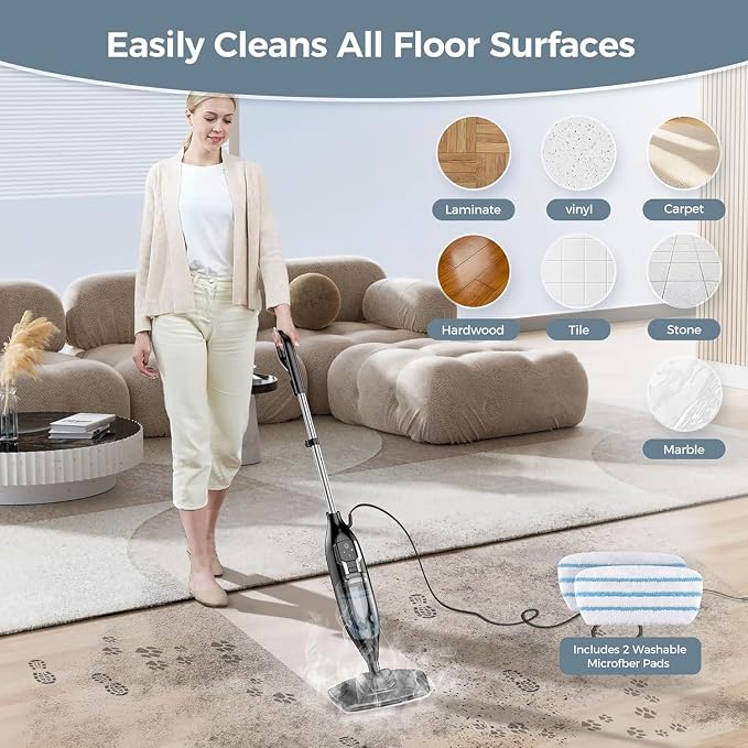 Steam Mop, 12-in-1 Powerful Handheld Steam Cleaner Detachable Steam Mops for Floor Cleaning, 565ML Removable Tank, 23FT Power Cable, MultiPurpose Steamer for Hardwood, Tile, Grout, Furniture